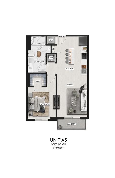 Floor plan for 1 bed, 1 bath, 750 sqft